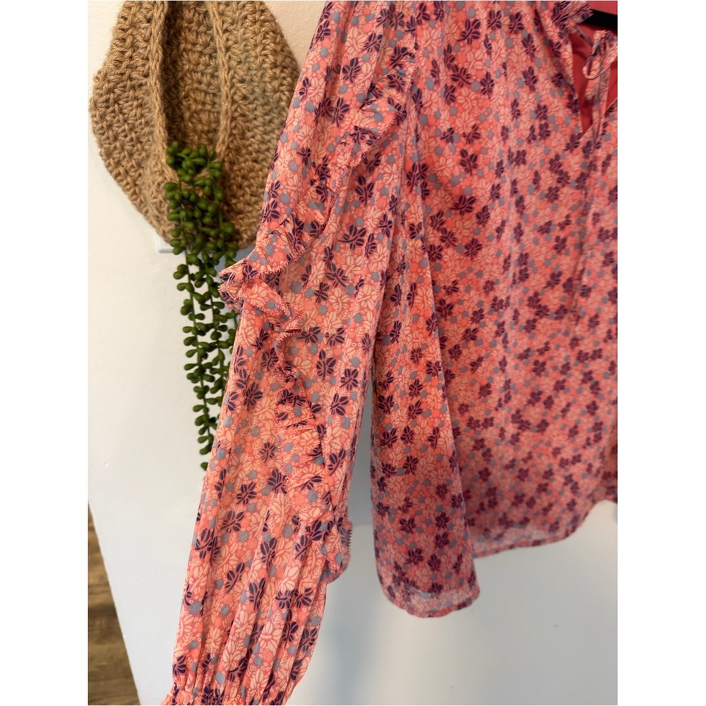 Talbots Floral Ruffle Sleeve Blouse LP Pink Tie Neck Top - Picture 3 of 7